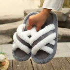 Fluffy Slippers Cross Strap Stitching Warm Casual Platform Slippers - DanaFashionstore