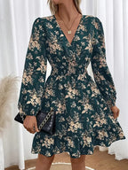 V-neck Floral Print Long Sleeve Dress