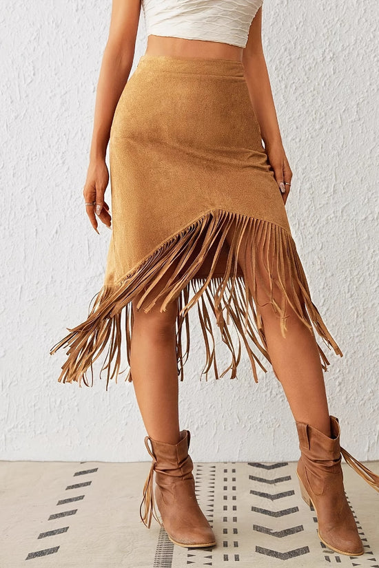 Women's Tassel Edge Asymmetrical Hem Solid Color Skirt - Dana Fashion