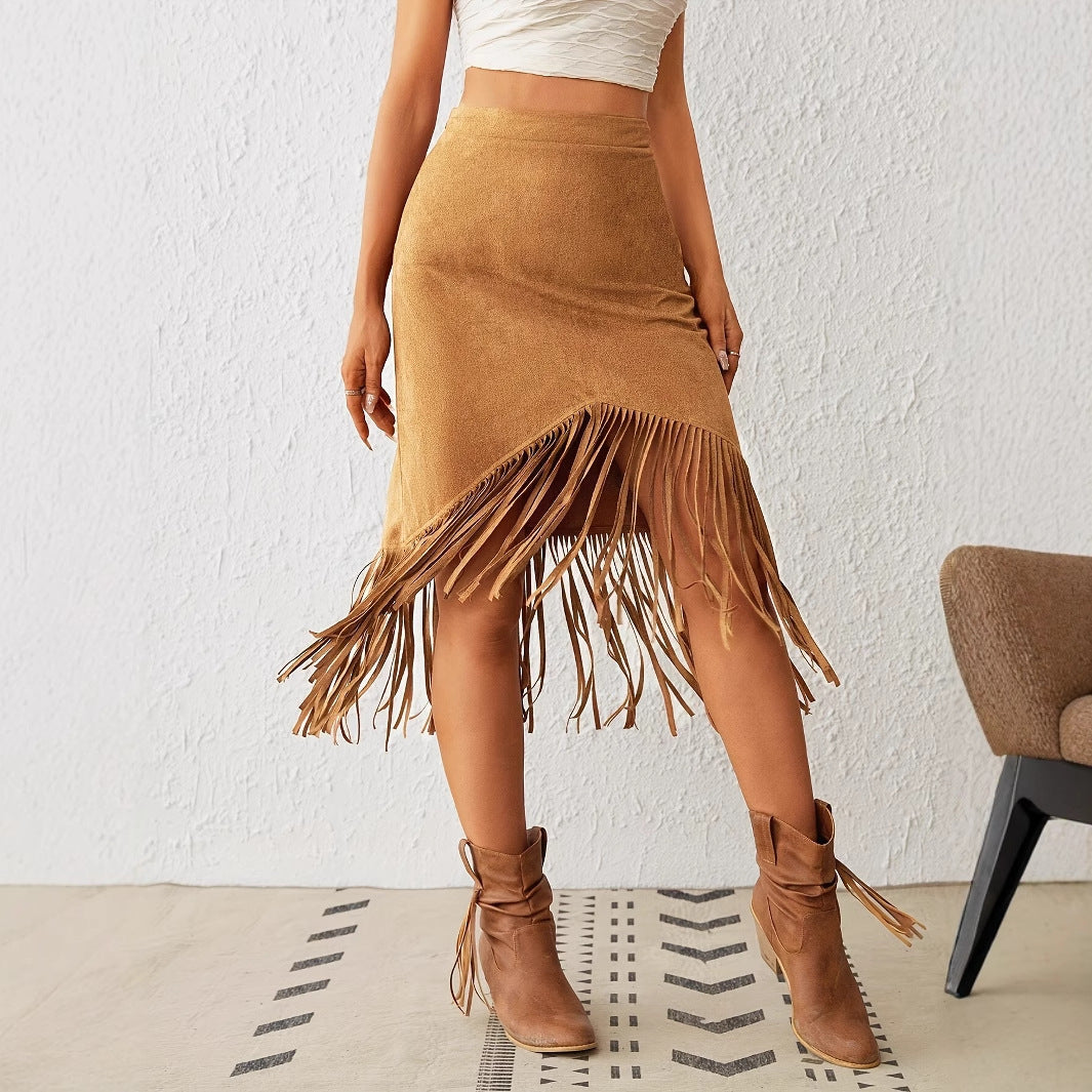 Women's Tassel Edge Asymmetrical Hem Solid Color Skirt - Dana Fashion