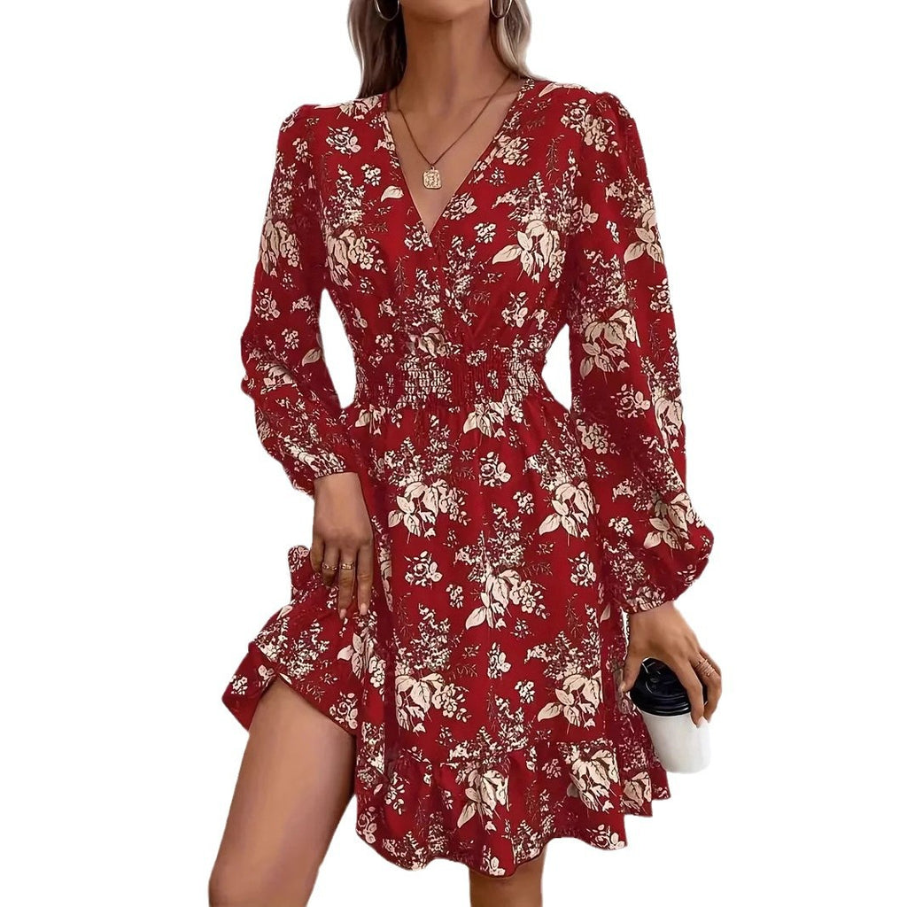 V-neck Floral Print Long Sleeve Dress