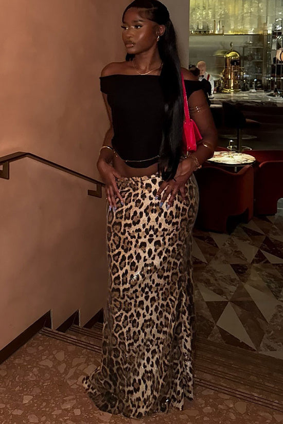 Leopard Print Sequin Stitching Stretch Skirt
