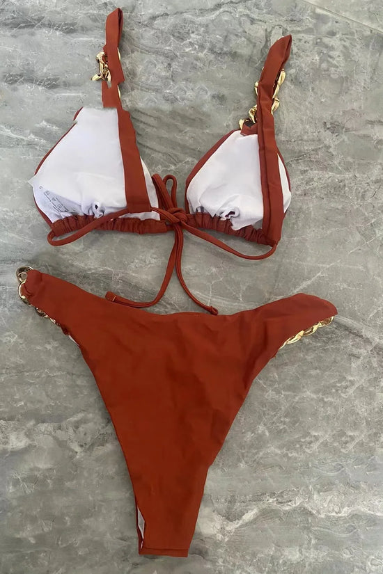 Pure Color Tube-top Ring Tether Push Up Bikini Split Swimsuit - DanaFashionstore