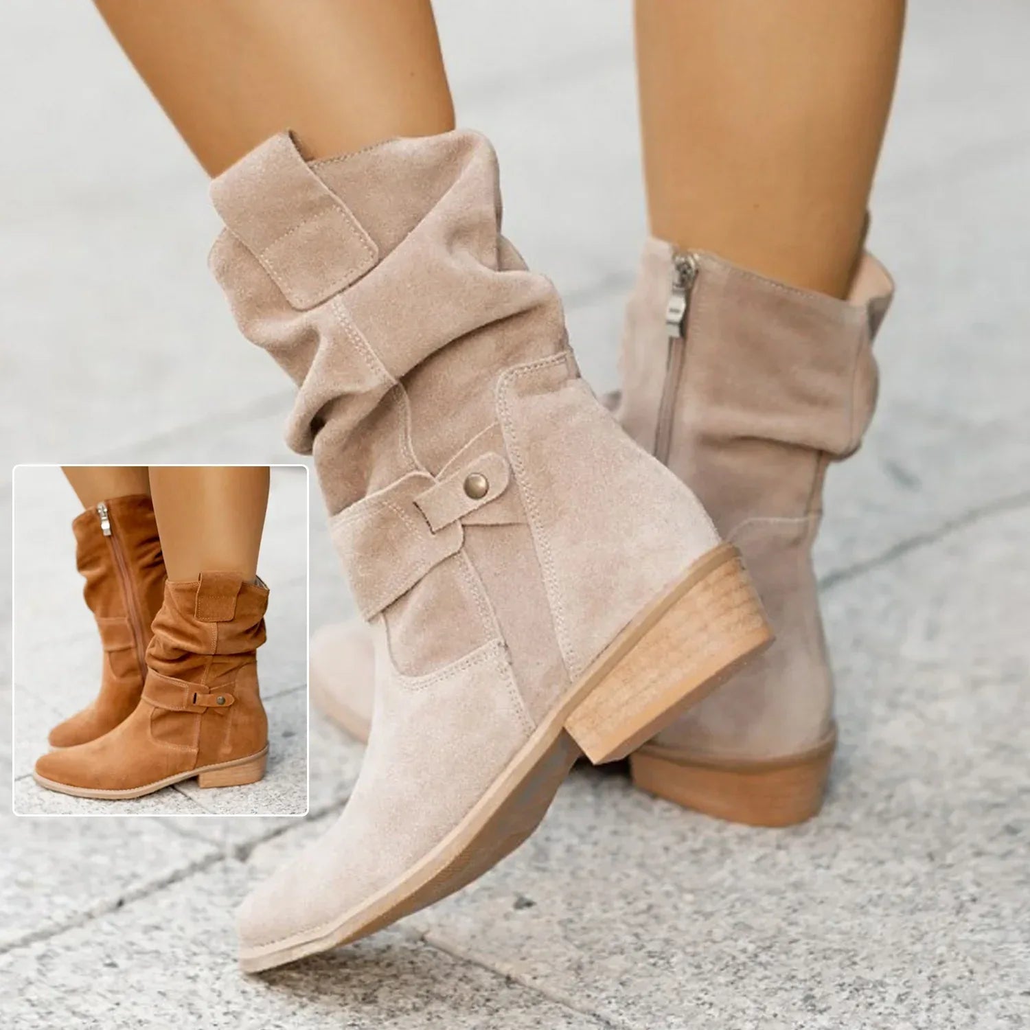 Ins Pointed Toe Mid-calf Boots Fashion Suede Zipper Western Boot Winter Shoes For Women - DanaFashionstore