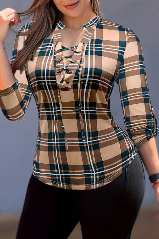 Women's Plaid Notch Neck Criss Cross Tie Short Sleeve T-Shirt