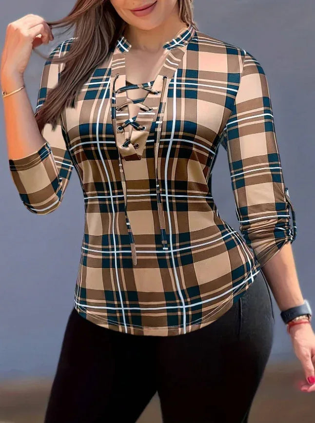 Women's Plaid Notch Neck Criss Cross Tie Short Sleeve T-Shirt - DanaFashionstore