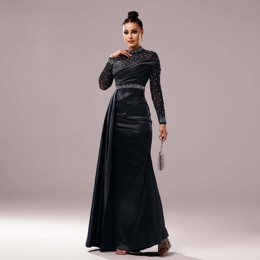 Long Sleeve Slim-fit Sheath Pearl Banquet Fishtail Evening Dress $129.99 Dana Fashion Color: Black Size: L Women's clothing Product information: Pattern: solid color Skirt type: hip skirt Color: Black Waist type: high waist Size: S,M,L,XL Style type: Eleg