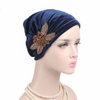 Beaded Flower Accessories Turban Hat Velvet Pleated Hood - DanaFashionstore