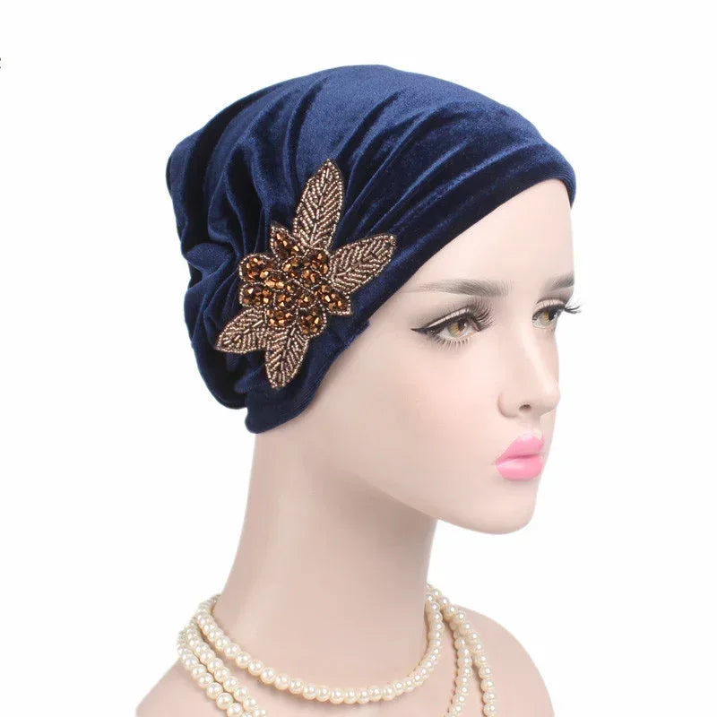 Beaded Flower Accessories Turban Hat Velvet Pleated Hood - DanaFashionstore