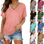European And American T-shirt Solid Color Casual Loose-fitting V-neck Top - DanaFashionstore