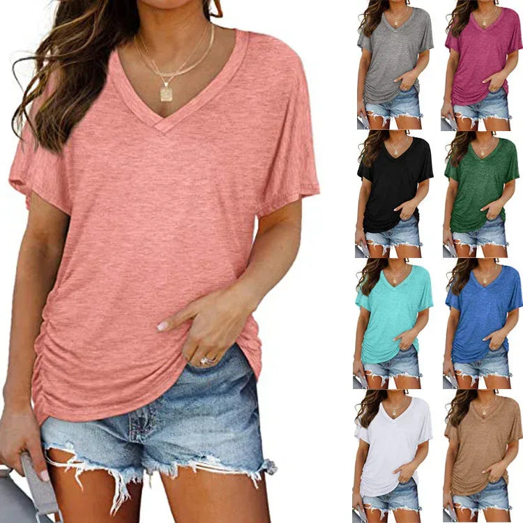 European And American T-shirt Solid Color Casual Loose-fitting V-neck Top - DanaFashionstore
