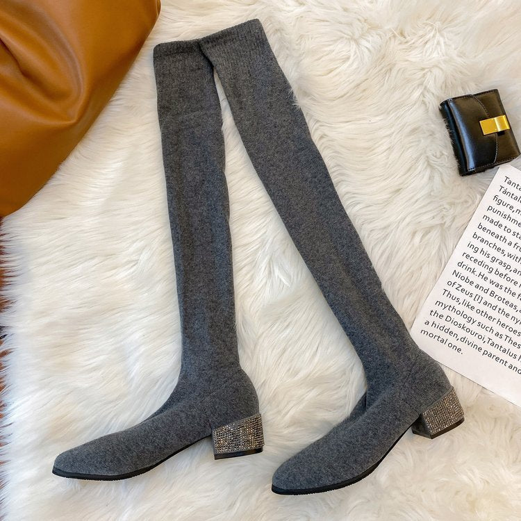 Womens Thigh High Stretch  Breathable Pointed Toe Rhinestone Thick Heel Knitting Sock Boots