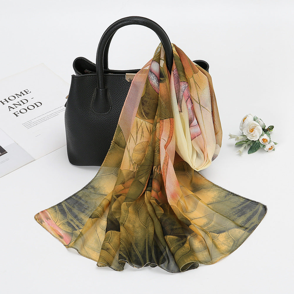 Thin Chiffon Lotus Pond Moonlight Printed Silk Scarf