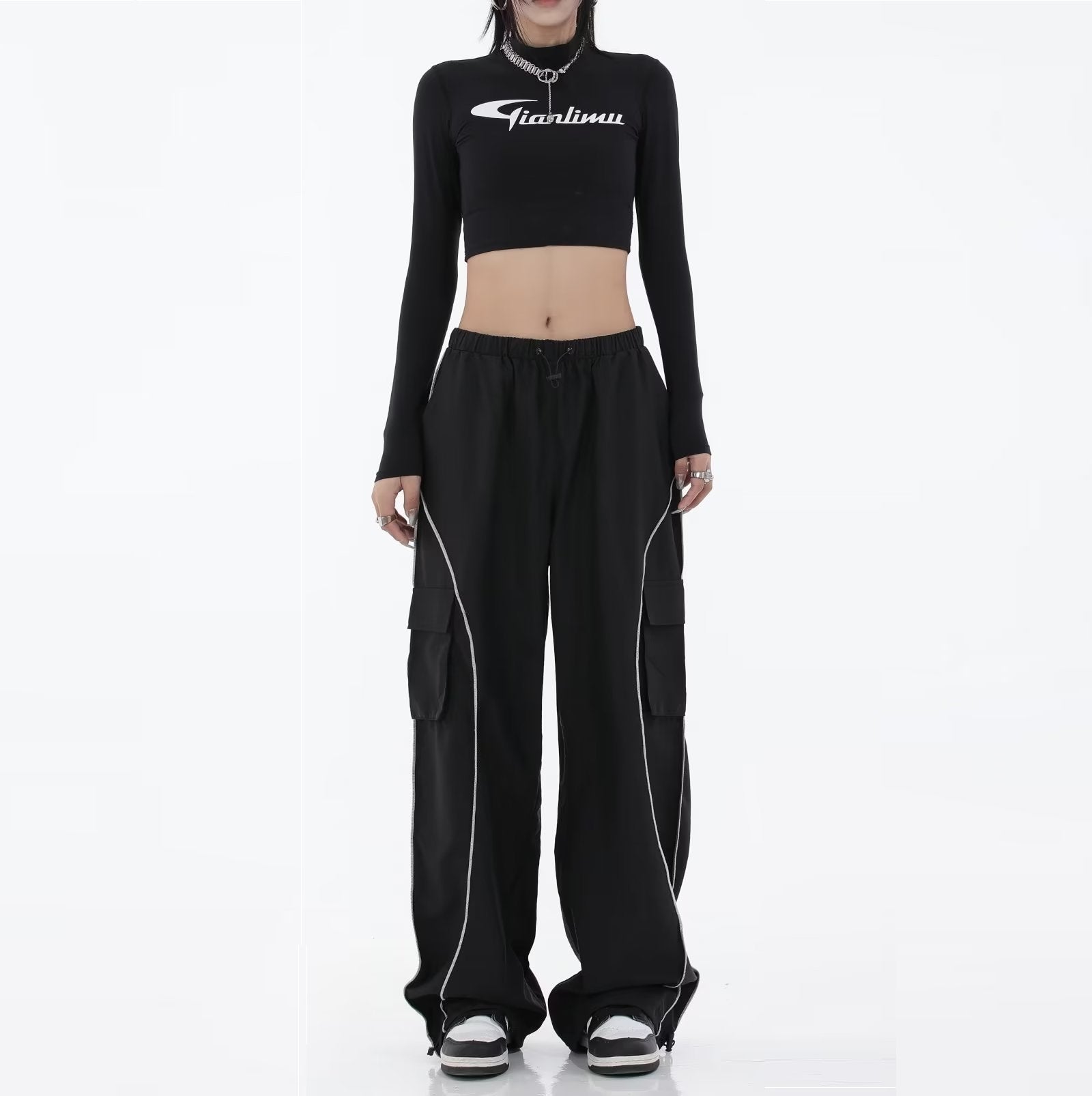 Black Mechanical Style Loose Retro Design Low Waist Casual Pants For Women