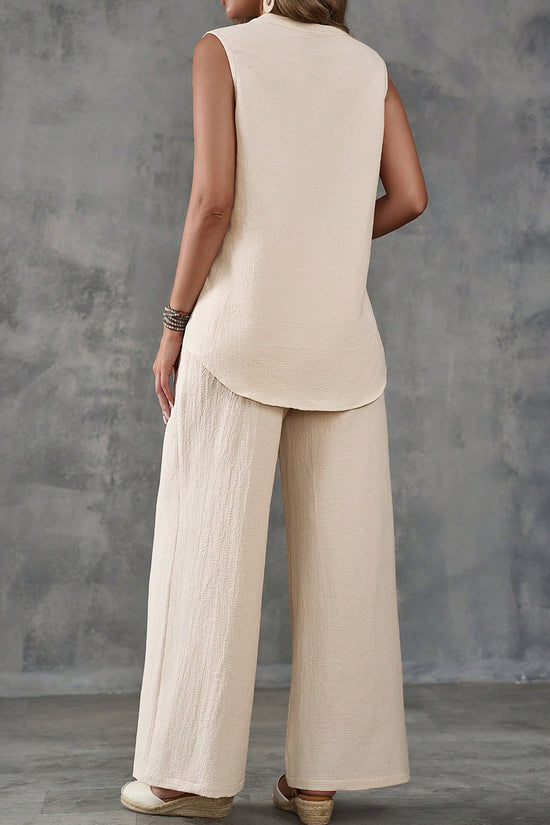 Women Sleeveless Textured Vest And Wide-Leg Button Front Pants Set