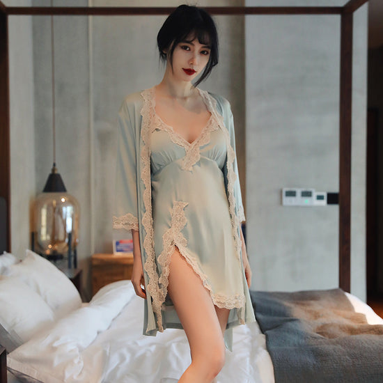Women's Summer Long-sleeved Nightgown Suspender Chest Pad Nightdress Two-piece Set - Dana Fashion