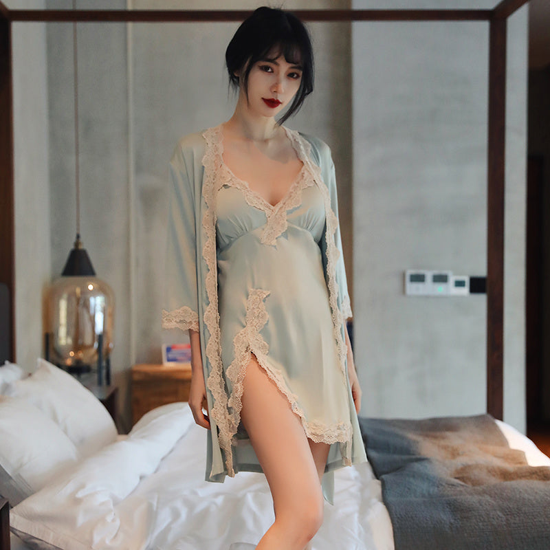 Women's Summer Long-sleeved Nightgown Suspender Chest Pad Nightdress Two-piece Set - Dana Fashion