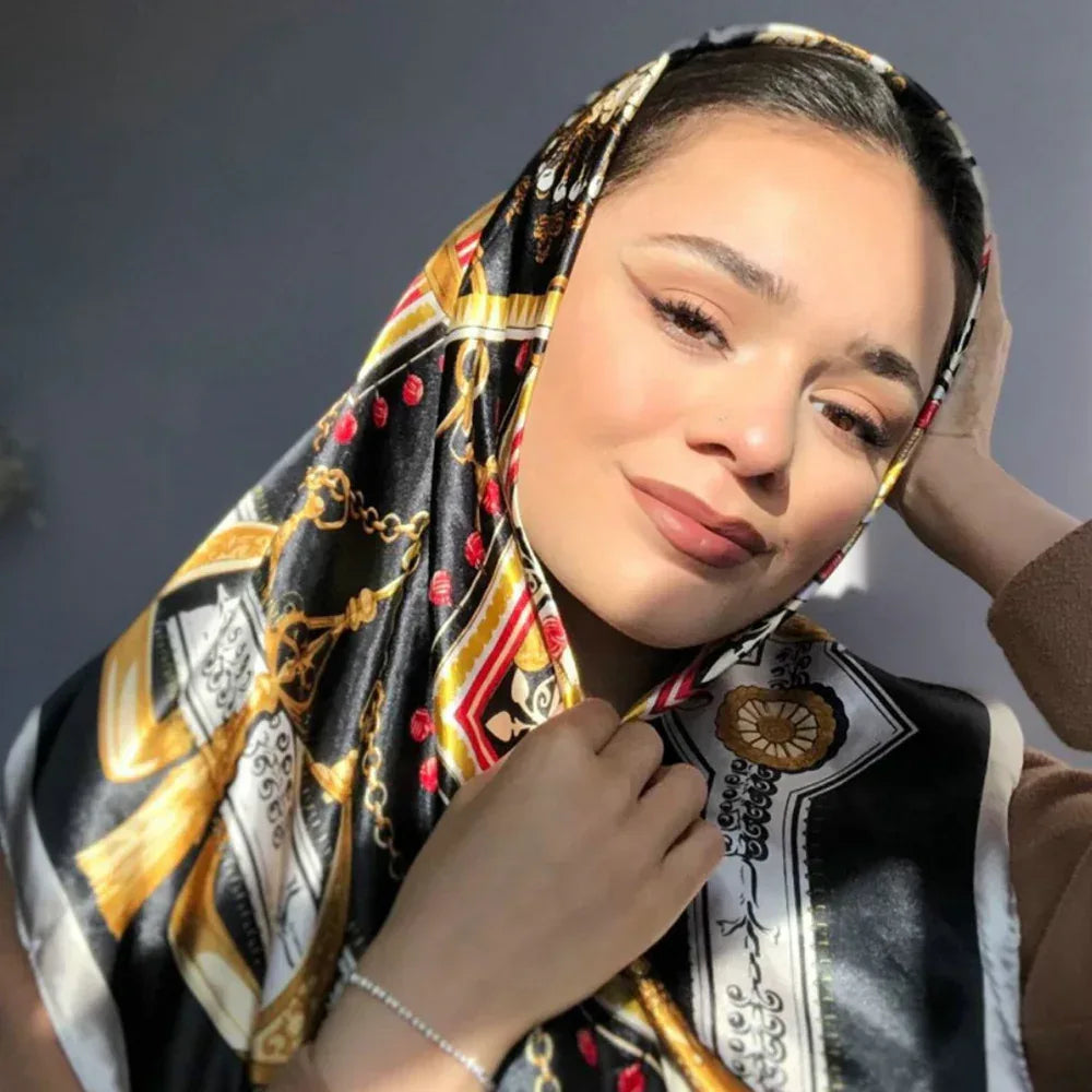 Chain Printed Scarf Women's Casual Scarf 90 90cm Satin Large Kerchief - DanaFashionstore