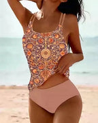 Retro Split High Waist Bikini Beach Print Strap Swimsuit - DanaFashionstore