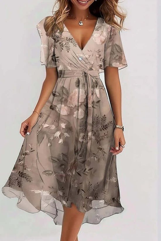 Chiffon Printed Short Sleeve Dress Summer Elegant V-neck Dresses Womens Clothing $53.50 Dana Fashion Color: Rose Gold Size: 3XL Women's clothing Overview: Unique design, stylish and beautiful. Good material, comfortable wear. A variety of colors, any choi