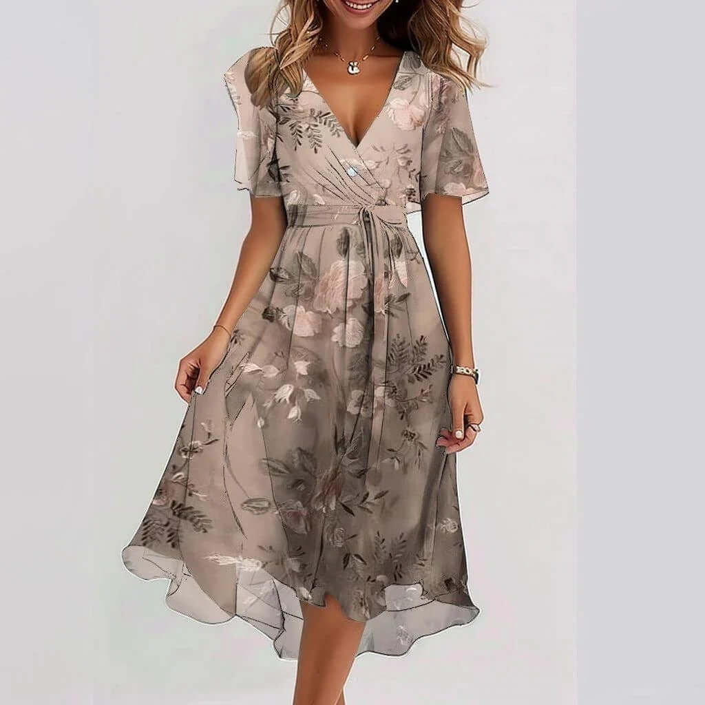 Chiffon Printed Short Sleeve Dress Summer Elegant V-neck Dresses Womens Clothing $53.50 Dana Fashion Color: Rose Gold Size: 3XL Women's clothing Overview: Unique design, stylish and beautiful. Good material, comfortable wear. A variety of colors, any choi
