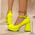 Fluorescent Yellow Chunky Heel Pearl Chain Women's High Heels - DanaFashionstore