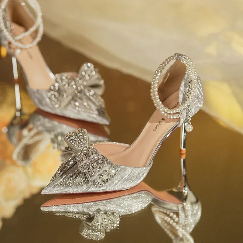 Rhinestone Bow Pointy Hollow Pearl Heels - DanaFashionstore