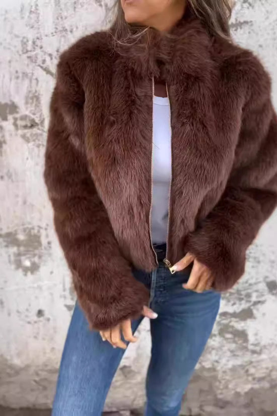 Fashion Stand Collar Plush Jacket Winter Casual Turtleneck Zipper Coat Fleece Tops Women's Clothing