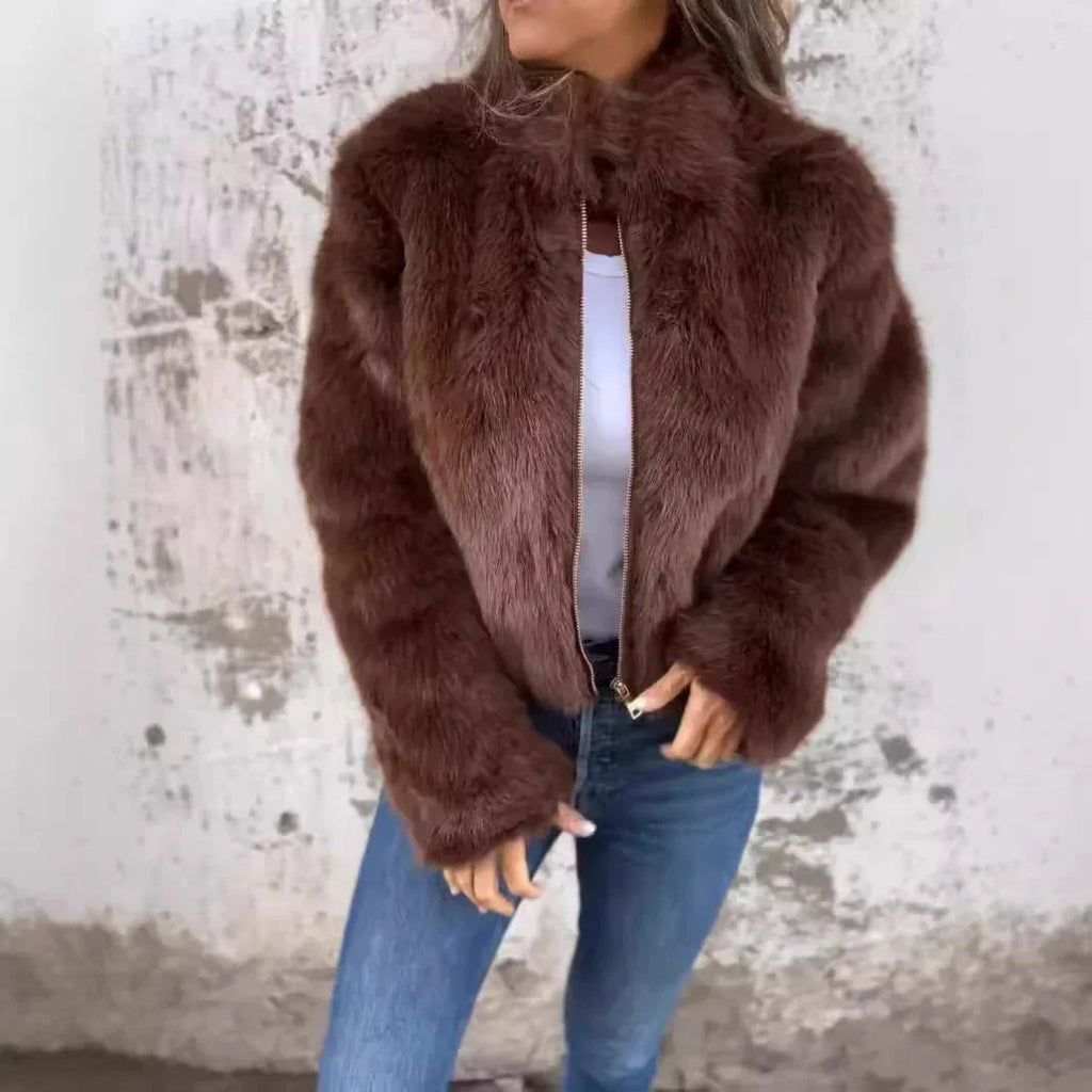 Fashion Stand Collar Plush Jacket Winter Casual Turtleneck Zipper Coat Fleece Tops Women's Clothing - DanaFashionstore