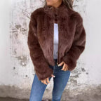 Fashion Stand Collar Plush Jacket Winter Casual Turtleneck Zipper Coat Fleece Tops Women's Clothing - DanaFashionstore