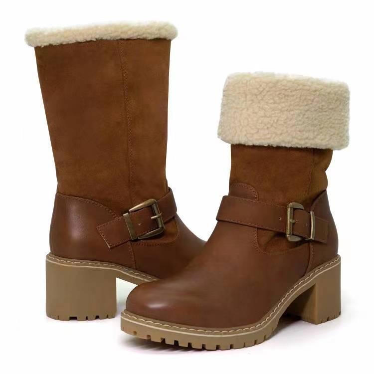 Fashion Boots With Buckle Chunky Heel Shoes Warm Winter Round Toe Western Boots For Women - DanaFashionstore