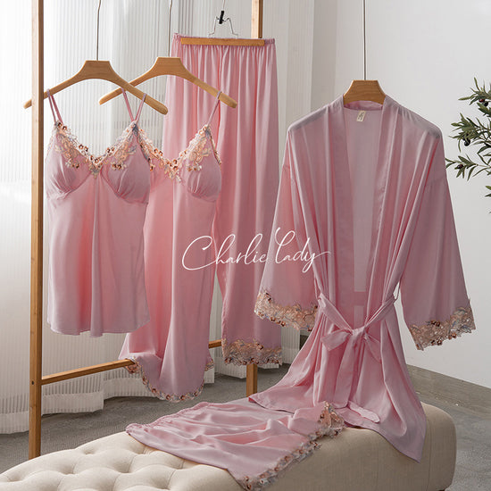 Ice Silk Sexy Slip Nightdress Silk Satin Nightgown With Chest Pad Five-piece Suit Homewear - Dana Fashion