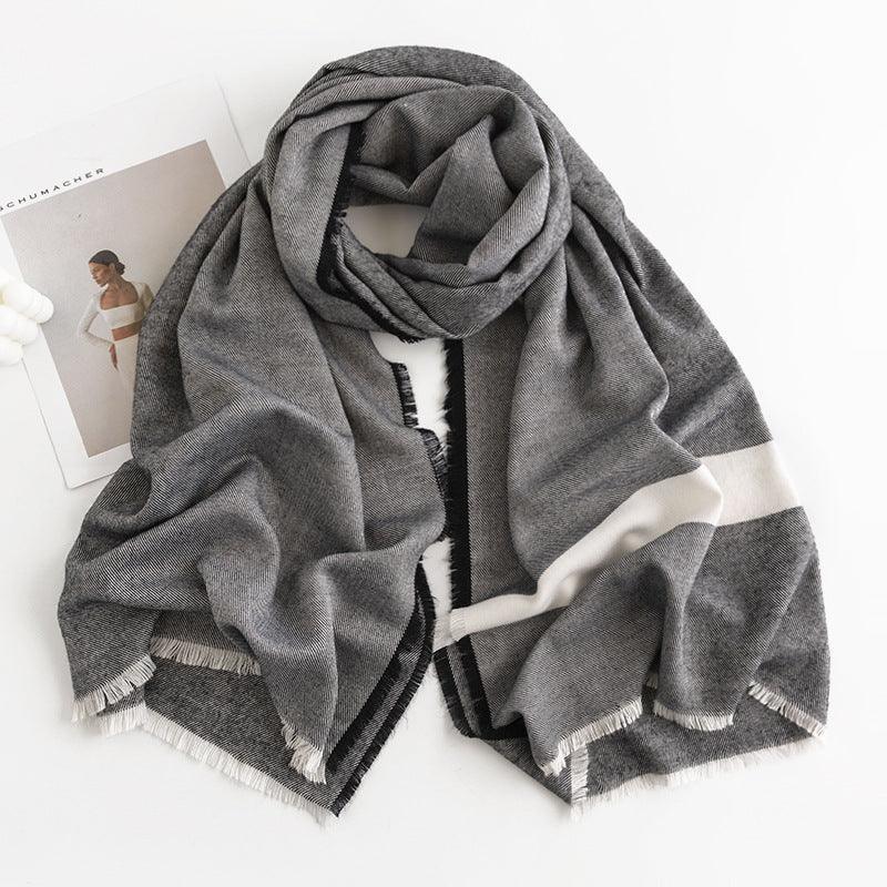 Herringbone Pattern Monochrome Artificial Cashmere Scarf Women's Simple Casual Style Tassel Warm Shawl - DanaFashionstore