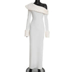 Solid Color Long Sleeve Oblique Collar Slim Christmas Dress - DanaFashionstore