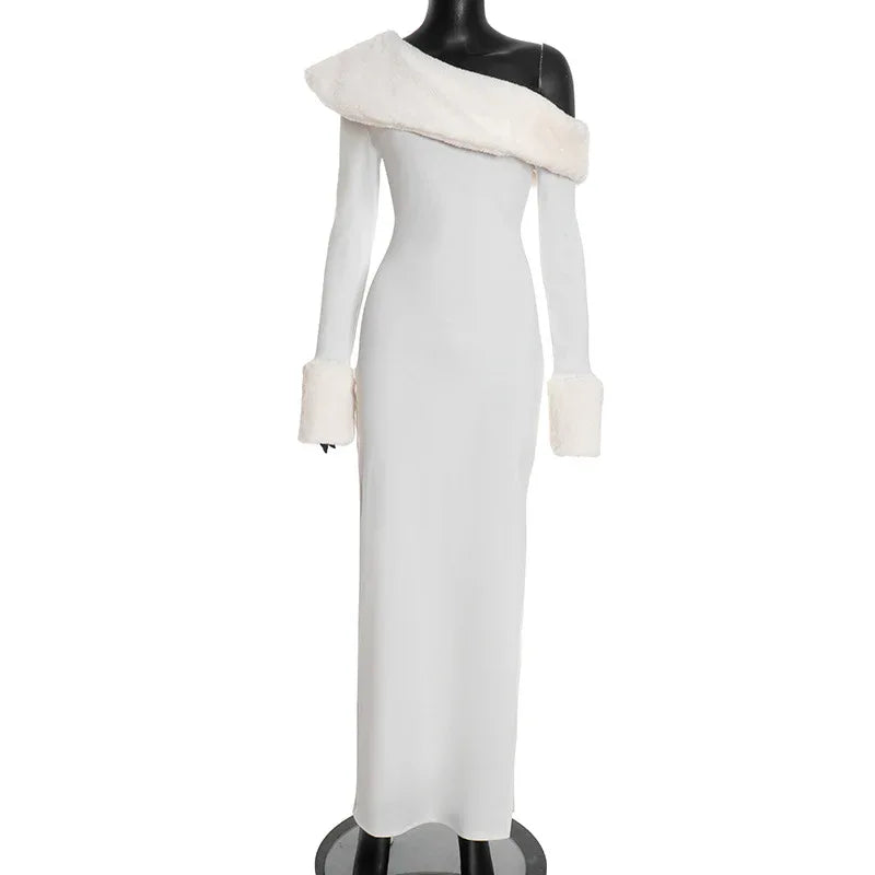 Solid Color Long Sleeve Oblique Collar Slim Christmas Dress - DanaFashionstore