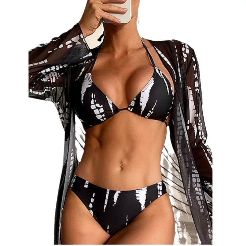 European And American Bikini Three-piece Mesh Long Sleeve Sun-proof Vacation Hot Spring Bathing Suit - DanaFashionstore