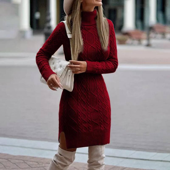 Fashion Turtleneck Knitted Dress With Slit Design Winter Warm Solid Color Pullover Long Sweater Women's Clothing - DanaFashionstore