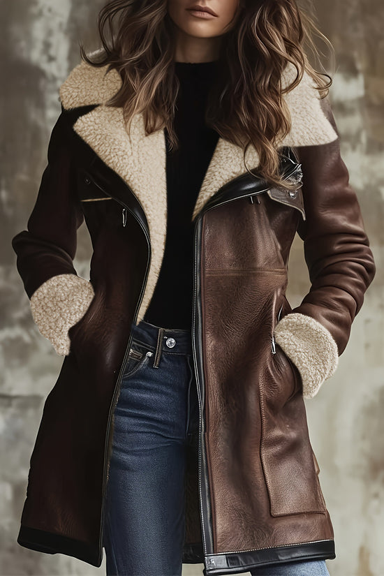 Faux Suede Zipper Composite Fur Integrated Turn-down Collar Coat