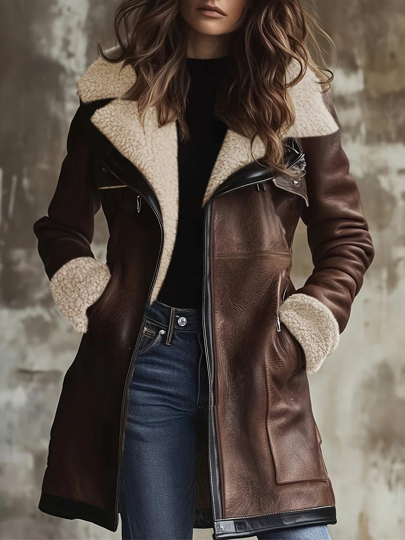 Faux Suede Zipper Composite Fur Integrated Turn-down Collar Coat