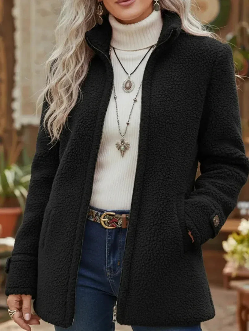 Womens Stand-Up Collar Solid-Color Loose Casual Long-Sleeve Fleece Zip-Up Jacket - DanaFashionstore