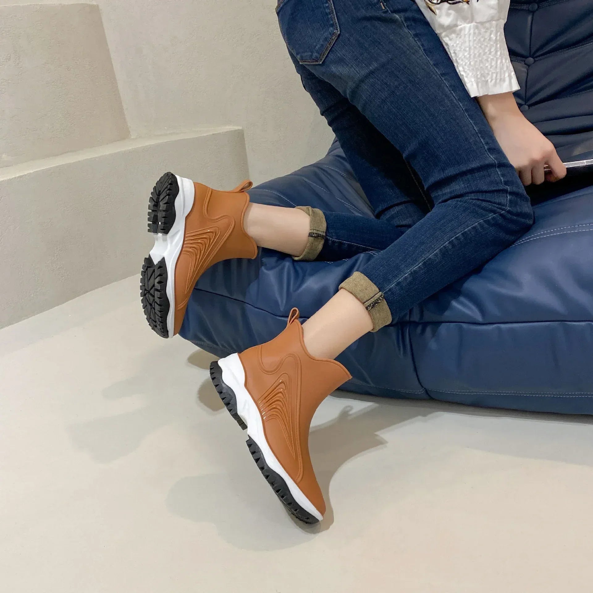 Fashion Color Blocking Thick Sole Low Top Women's Rain Boots - DanaFashionstore