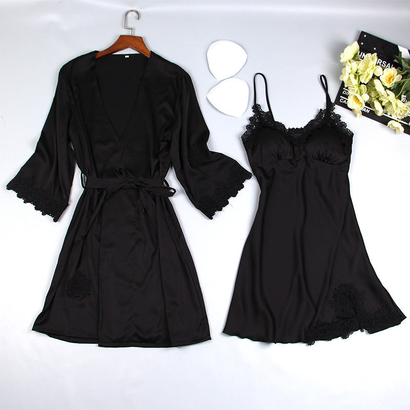 Long Sleeve Ice Silk Sling Nightgown Suit - Dana Fashion
