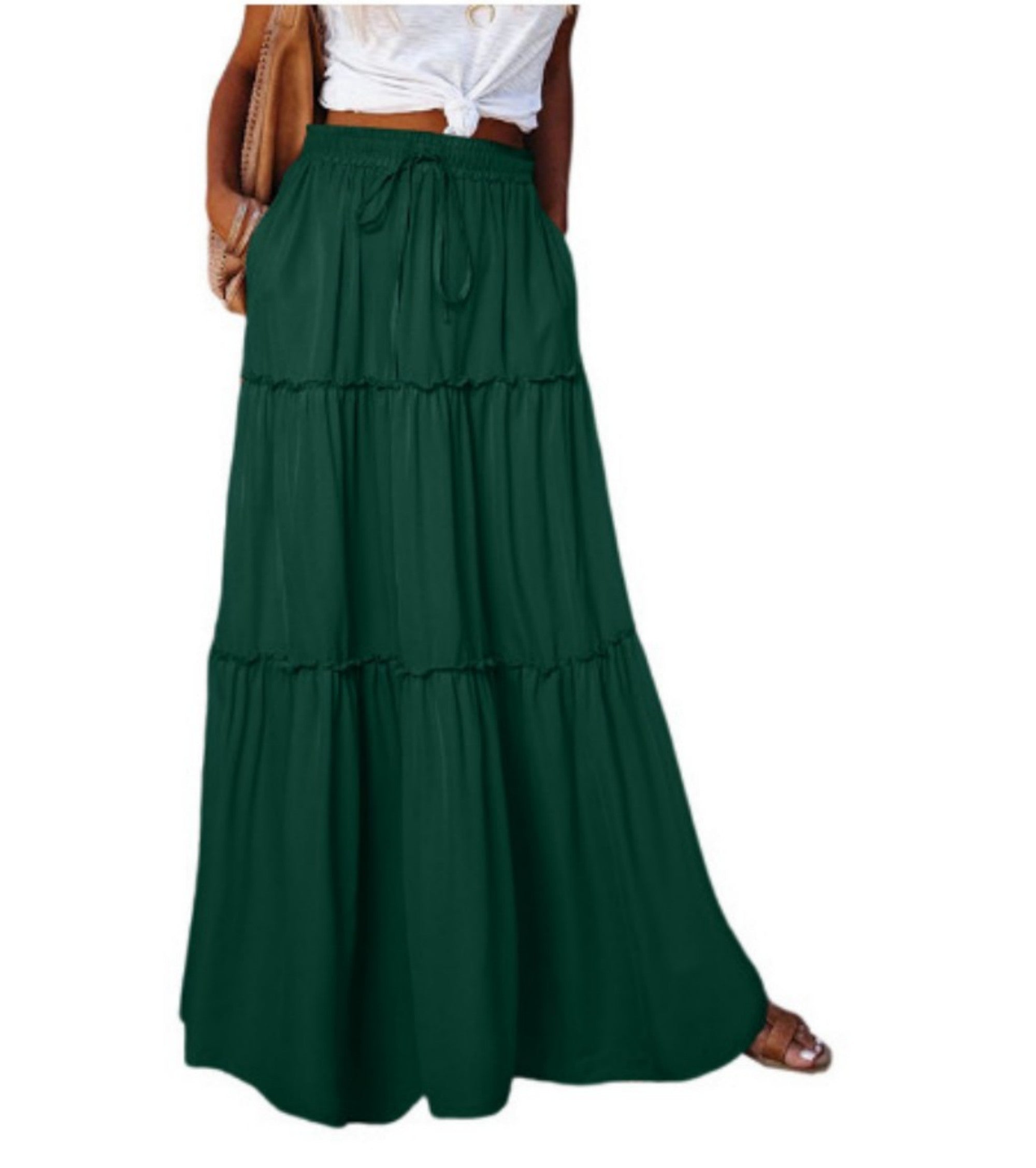 Women's Elastic High Waist A-Line Pleated Casual Maxi Dress