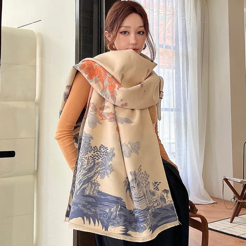 Vintage Plum Scarf Women's Artificial Cashmere Thickened Double-sided Student Shawl - DanaFashionstore