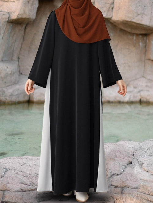 Color-blocked Side Drawstring Loose Casual Round Neck Long Dress
