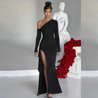 Knitted One-Shoulder Dress 2026 - Long Sleeve Split Dress - DanaFashionstore