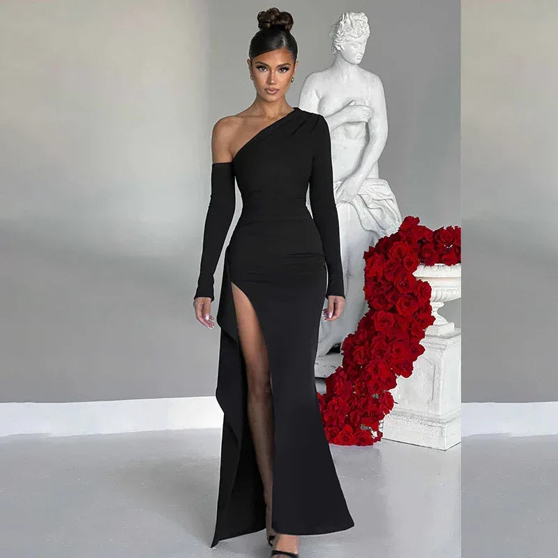 Knitted One-Shoulder Dress 2026 - Long Sleeve Split Dress - DanaFashionstore