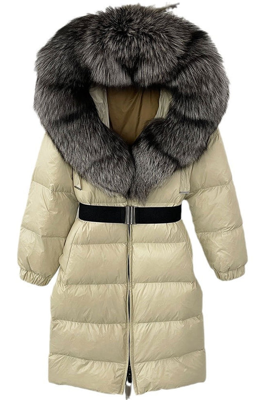 Women's Long Cinched Hoodie Real Fox Fur Collar Coat