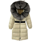 Women's Long Cinched Hoodie Real Fox Fur Collar Coat 2026 - Winter Jacket - DanaFashionstore
