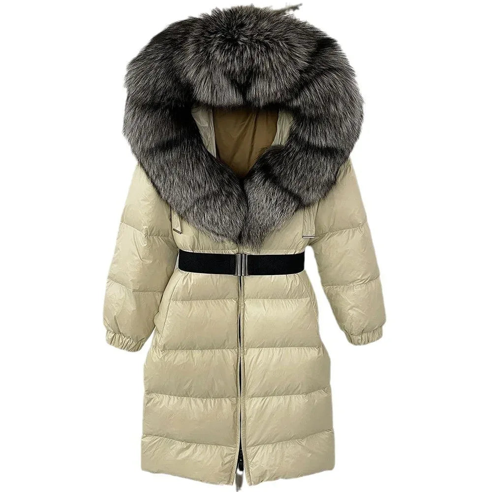 Women's Long Cinched Hoodie Real Fox Fur Collar Coat 2026 - Winter Jacket - DanaFashionstore
